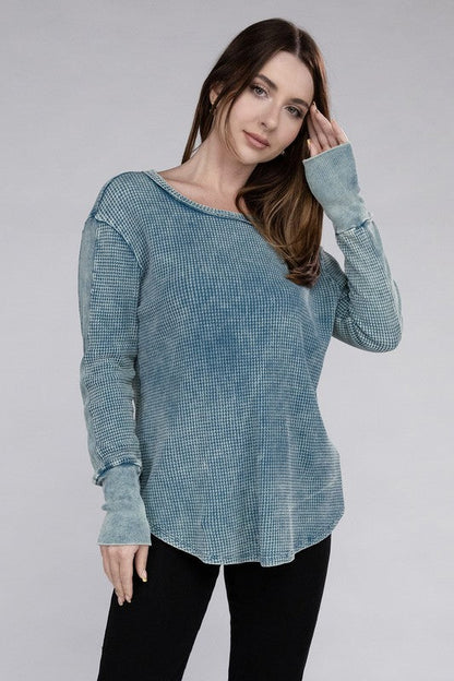 ZENANA Washed Baby Waffle Long Sleeve Top