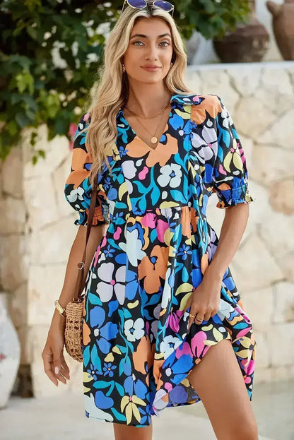 Blue Floral Print Collared Split V Neck Flared Mini Dress - Femstylo
