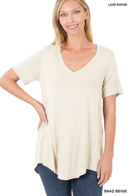 ZENANA Luxe Rayon Short Sleeve V-Neck Hi-Low Hem Top