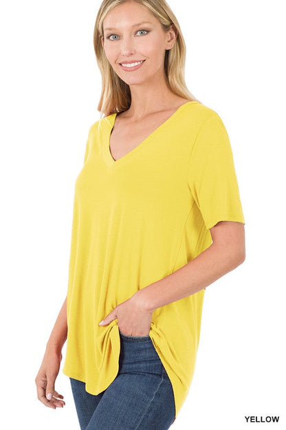 ZENANA Luxe Rayon Short Sleeve V-Neck Hi-Low Hem Top