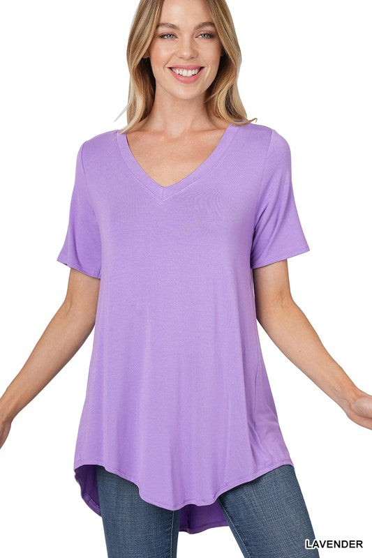 ZENANA Luxe Rayon Short Sleeve V-Neck Hi-Low Hem Top
