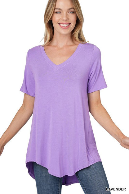ZENANA Luxe Rayon Short Sleeve V-Neck Hi-Low Hem Top