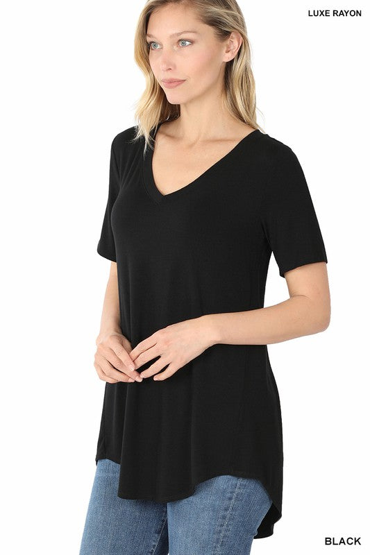 ZENANA Luxe Rayon Short Sleeve V-Neck Hi-Low Hem Top