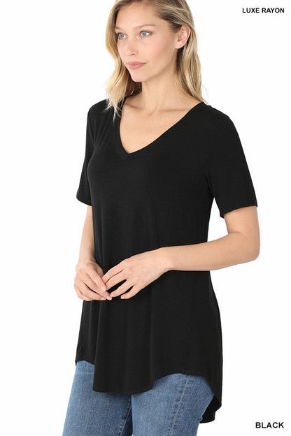 ZENANA Luxe Rayon Short Sleeve V-Neck Hi-Low Hem Top