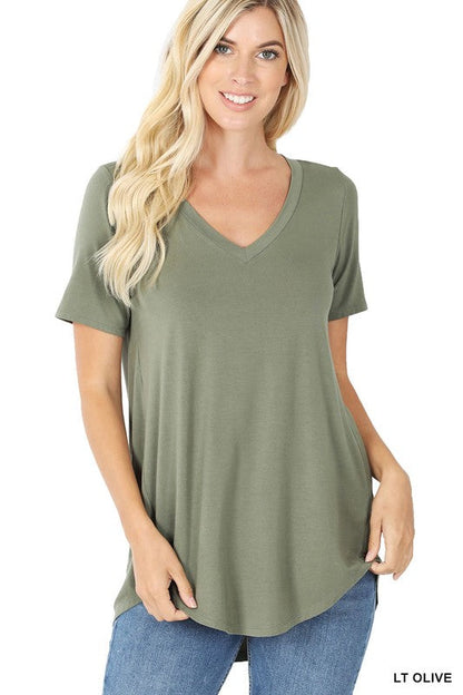 ZENANA Luxe Rayon Short Sleeve V-Neck Hi-Low Hem Top