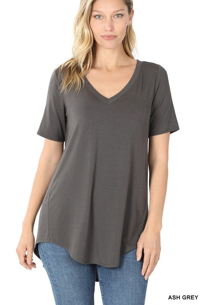 ZENANA Luxe Rayon Short Sleeve V-Neck Hi-Low Hem Top