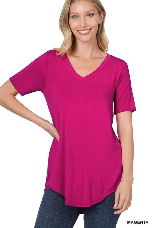 ZENANA Luxe Rayon Short Sleeve V-Neck Hi-Low Hem Top