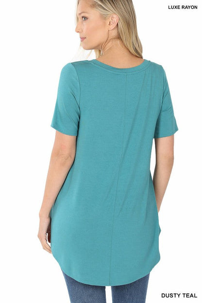 ZENANA Luxe Rayon Short Sleeve V-Neck Hi-Low Hem Top