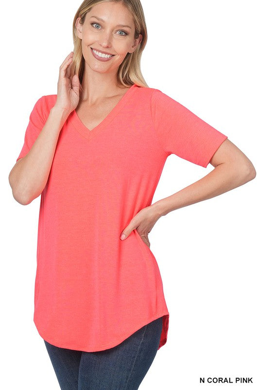 ZENANA Luxe Rayon Short Sleeve V-Neck Hi-Low Hem Top