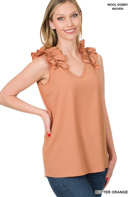 ZENANA Woven Wool Dobby Ruffle Trim Sleeveless Top