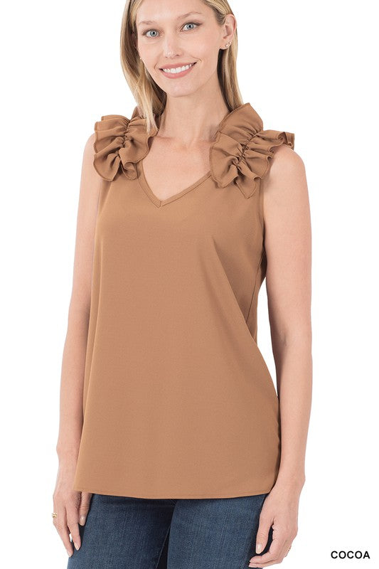 ZENANA Woven Wool Dobby Ruffle Trim Sleeveless Top