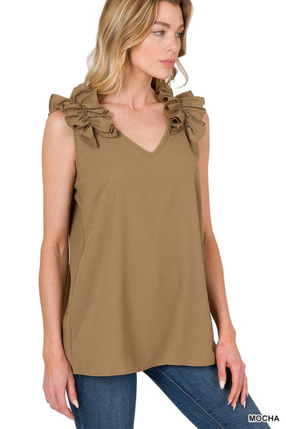 ZENANA Woven Wool Dobby Ruffle Trim Sleeveless Top