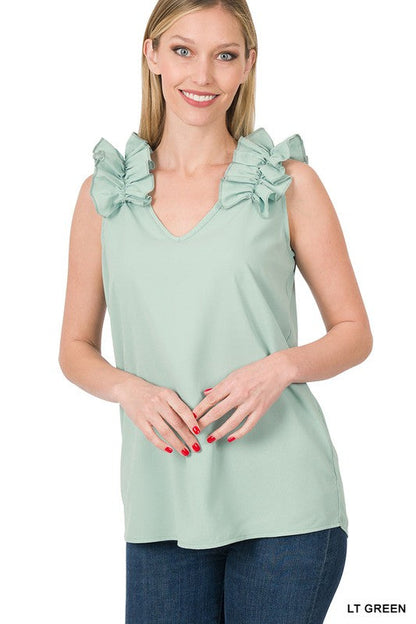 ZENANA Woven Wool Dobby Ruffle Trim Sleeveless Top