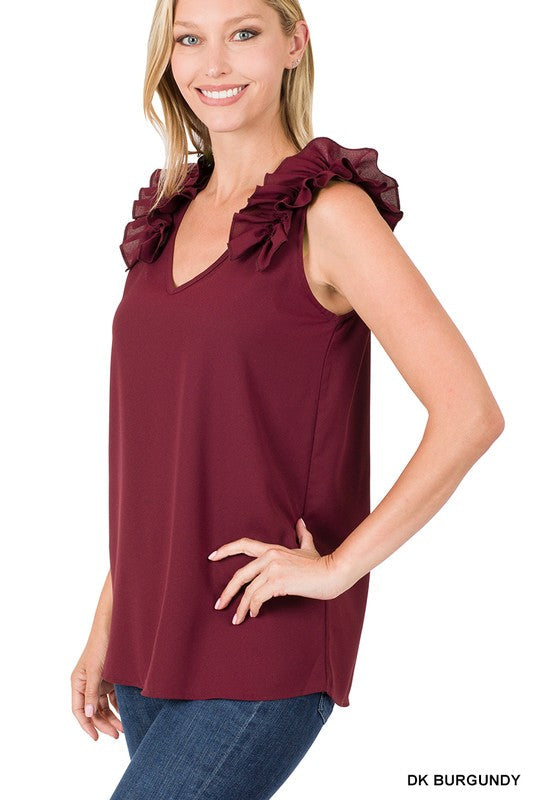 ZENANA Woven Wool Dobby Ruffle Trim Sleeveless Top