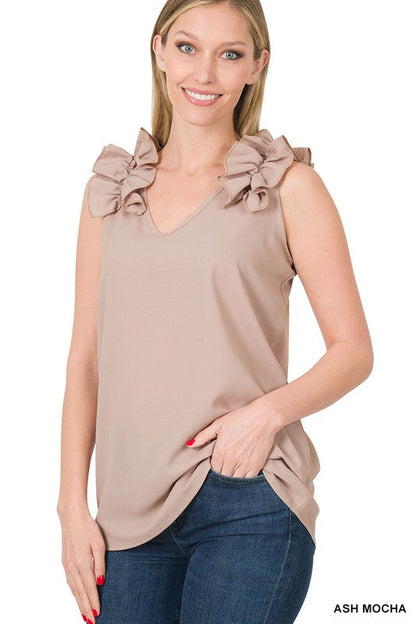 ZENANA Woven Wool Dobby Ruffle Trim Sleeveless Top