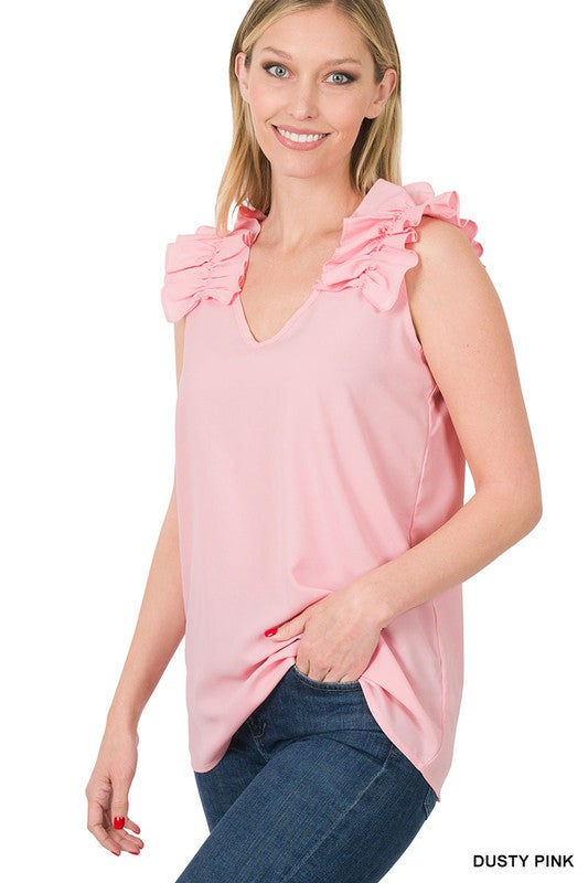ZENANA Woven Wool Dobby Ruffle Trim Sleeveless Top