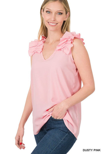 ZENANA Woven Wool Dobby Ruffle Trim Sleeveless Top