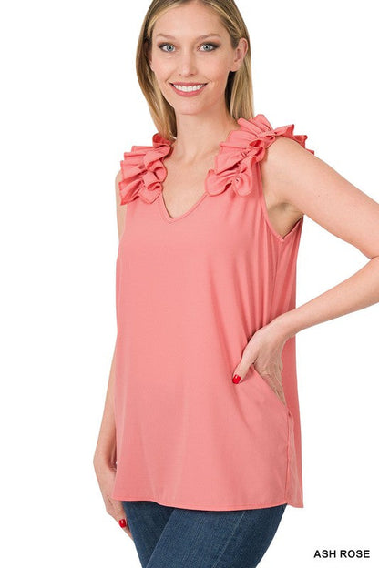 ZENANA Woven Wool Dobby Ruffle Trim Sleeveless Top