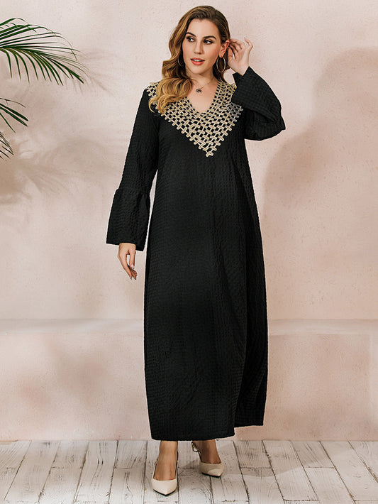 Plus Size Middle East Muslim Autumn Winter Long Sleeve Flared Sleeves Robe Dress V neck Embroidery