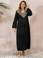 Plus Size Middle East Muslim Autumn Winter Long Sleeve Flared Sleeves Robe Dress V neck Embroidery