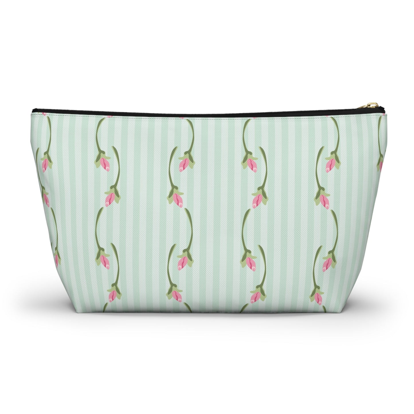 Customizable: Floral Print Accessory Pouch | Cute Makeup Bag, Travel Organizer, Gift for Her, Floral Clutch, Green Striped Bag