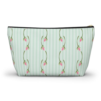 Customizable: Floral Print Accessory Pouch | Cute Makeup Bag, Travel Organizer, Gift for Her, Floral Clutch, Green Striped Bag