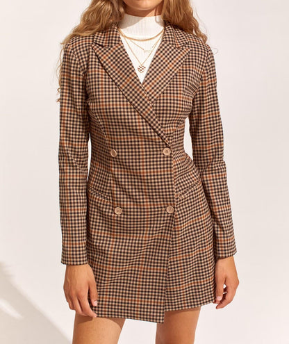 Fall Women Clothing Tailored Collar Brushed Houndstooth Long Sleeve Double Breasted Blazers