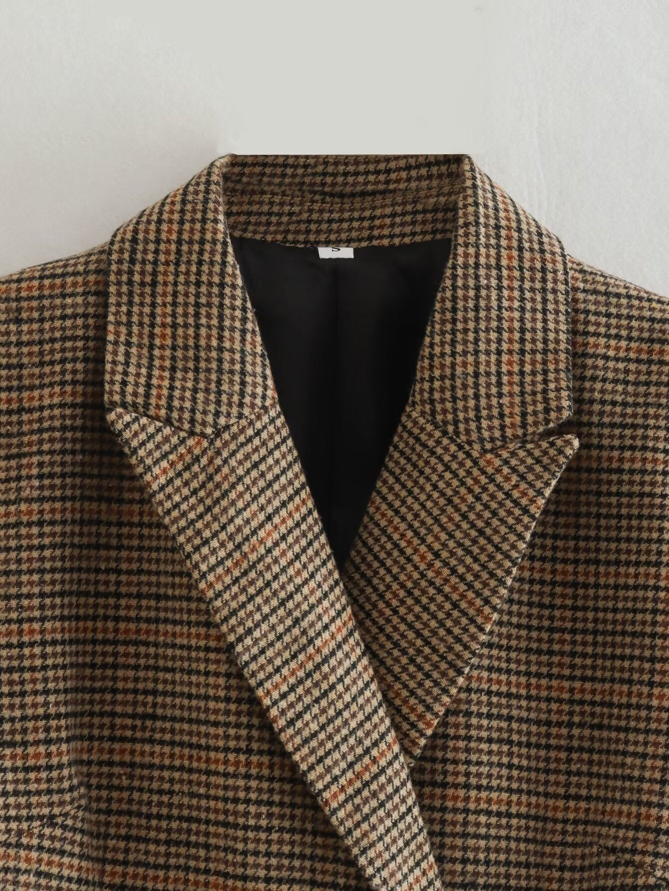 Fall Women Clothing Tailored Collar Brushed Houndstooth Long Sleeve Double Breasted Blazers