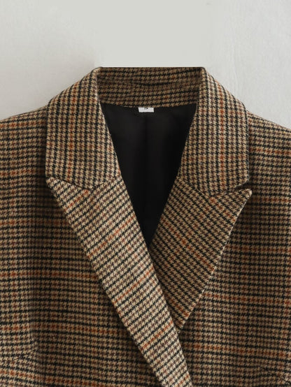 Fall Women Clothing Tailored Collar Brushed Houndstooth Long Sleeve Double Breasted Blazers
