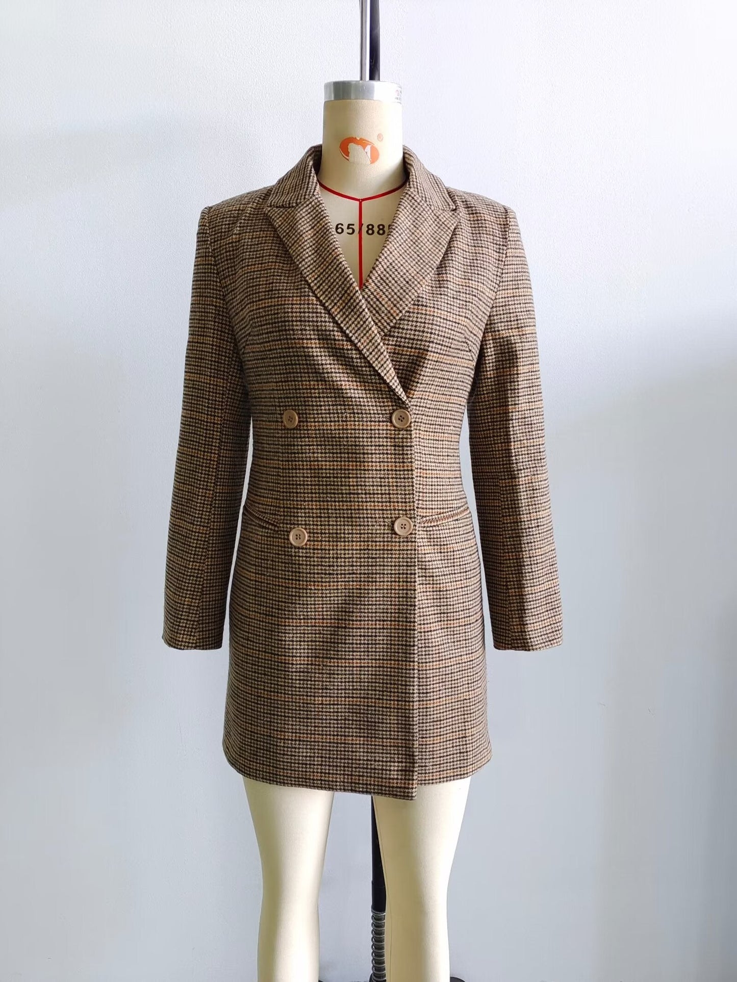 Fall Women Clothing Tailored Collar Brushed Houndstooth Long Sleeve Double Breasted Blazers