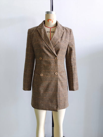 Fall Women Clothing Tailored Collar Brushed Houndstooth Long Sleeve Double Breasted Blazers