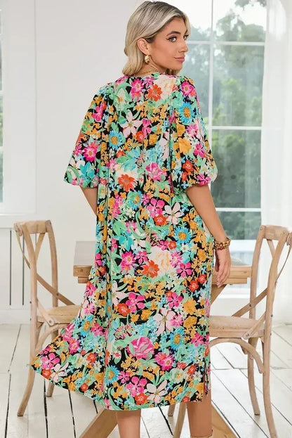 Green Boho Floral Puff Sleeve V Neck Tassel Drawstring Midi Dress