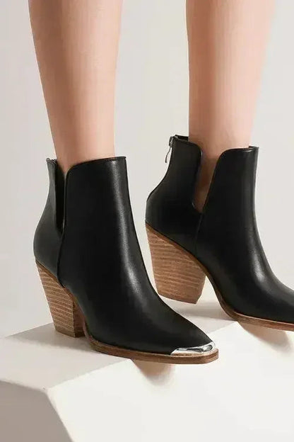 Metal-Toe Ankle Boots - 3.5" Block Heel - Faux Leather Pointed-Toe