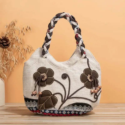 Handmade Bohemian Flower Tote Bag with Foldable Zipper, Shoulder Strap, and Matching Wristlet for Women’s Vacation