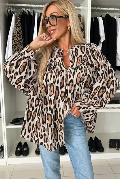 Light Leopard Print Balloon Sleeve Loose Blouse | Femstylo