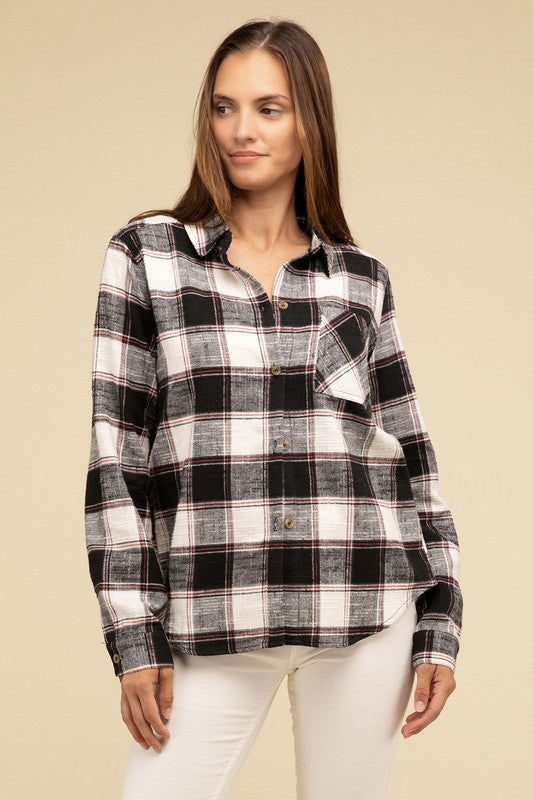 ZENANA Cotton Plaid Shacket With Front Pocket