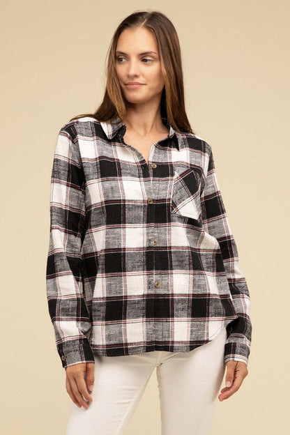 ZENANA Cotton Plaid Shacket With Front Pocket