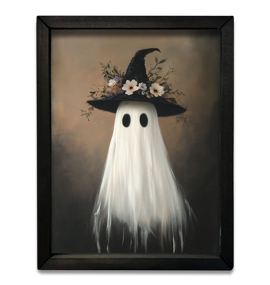 18X24 GHOST WITH FLORAL WITCH HAT BOXWOOD FRAME