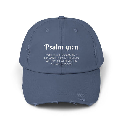 Faith-Inspired Unisex Distressed Cap, Psalm 91:11 Scripture Hat for Daily Wear, Inspirational Gift, Casual Style, Christian Faith