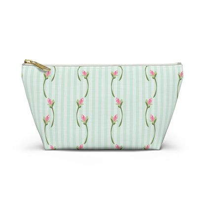 Customizable: Floral Print Accessory Pouch | Cute Makeup Bag, Travel Organizer, Gift for Her, Floral Clutch, Green Striped Bag