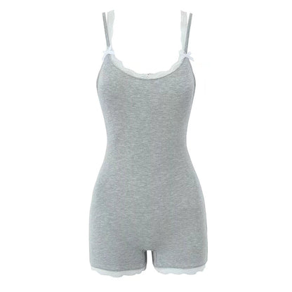 Summer Sexy Contrast Color Lace Splicing Sling Jumpsuit Backless Slim Fit Base Shorts Women