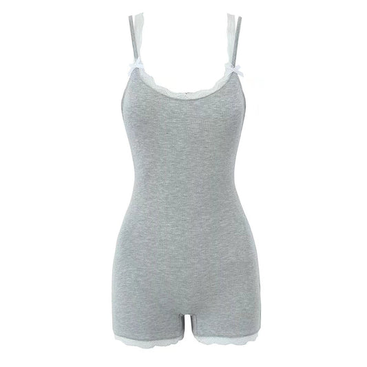 Summer Sexy Contrast Color Lace Splicing Sling Jumpsuit Backless Slim Fit Base Shorts Women