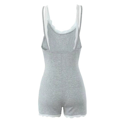 Summer Sexy Contrast Color Lace Splicing Sling Jumpsuit Backless Slim Fit Base Shorts Women