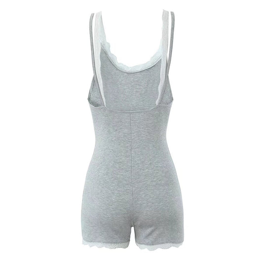 Summer Sexy Contrast Color Lace Splicing Sling Jumpsuit Backless Slim Fit Base Shorts Women