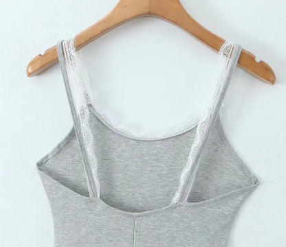 Summer Sexy Contrast Color Lace Splicing Sling Jumpsuit Backless Slim Fit Base Shorts Women