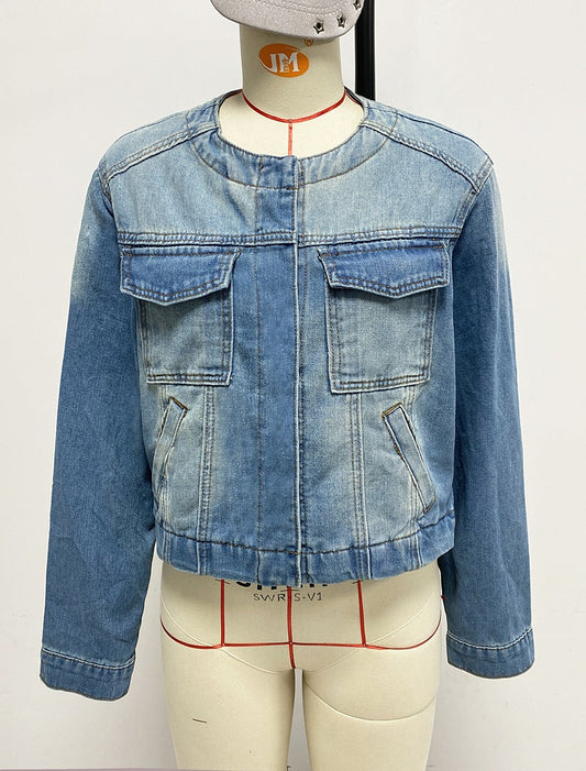 Spring Women Slim Fit Short Collarless Long Sleeve Denim Coat Retro Multi Pocket Workwear Jacket