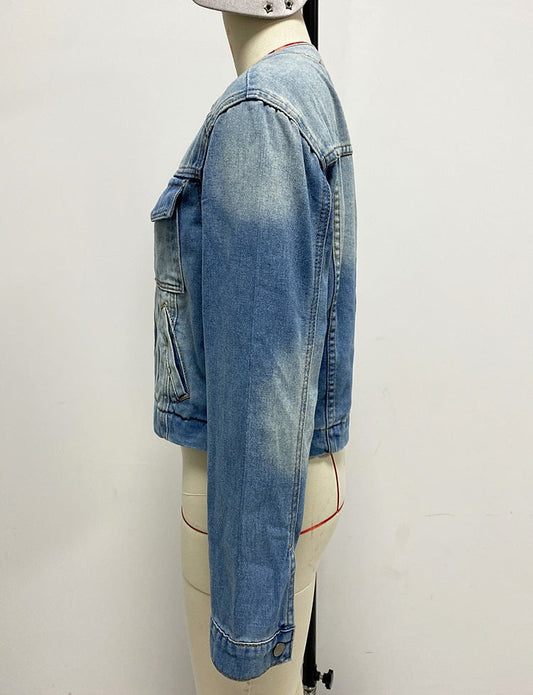Spring Women Slim Fit Short Collarless Long Sleeve Denim Coat Retro Multi Pocket Workwear Jacket