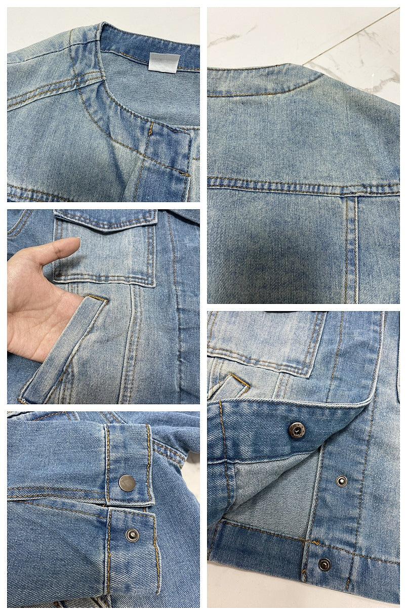 Spring Women Slim Fit Short Collarless Long Sleeve Denim Coat Retro Multi Pocket Workwear Jacket