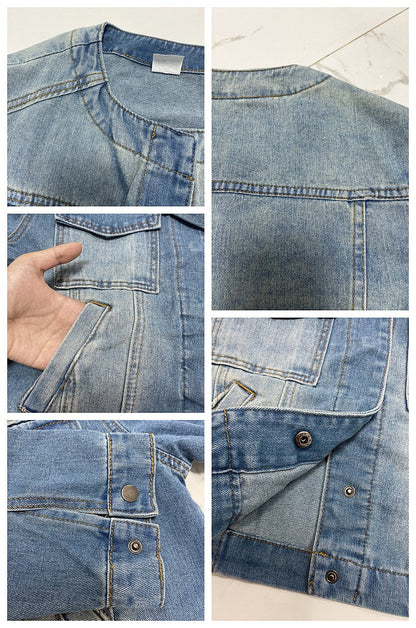 Spring Women Slim Fit Short Collarless Long Sleeve Denim Coat Retro Multi Pocket Workwear Jacket
