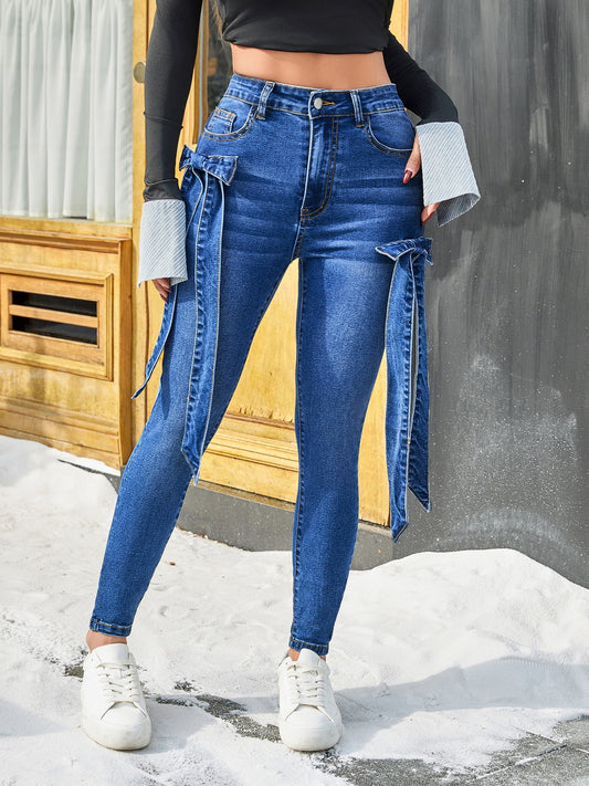 Women Denim Trousers Asymmetric DIY Bow Decorative Stretch Trousers